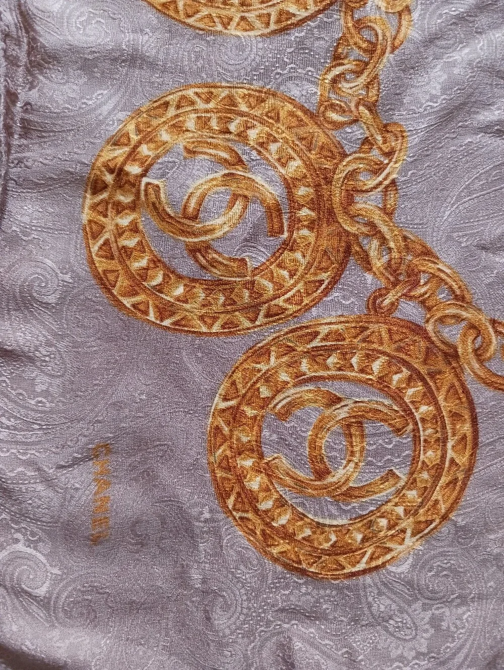 CHANEL Vintage  Beige Scarf with Gold Chain Medallion Motif  34